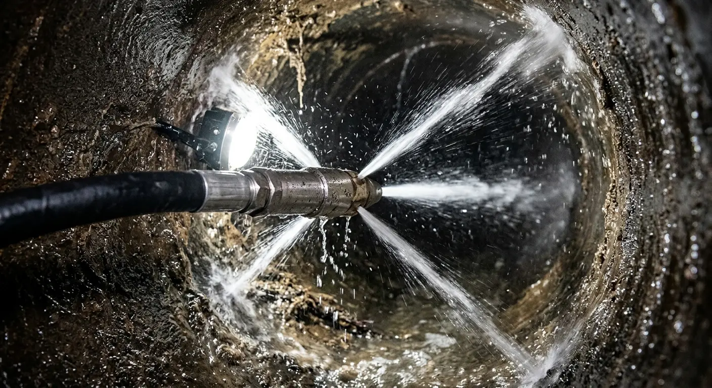 High-pressure hydro jetting nozzle cleaning sewer pipe for Trenchless Sewer Repair in Cheyenne
