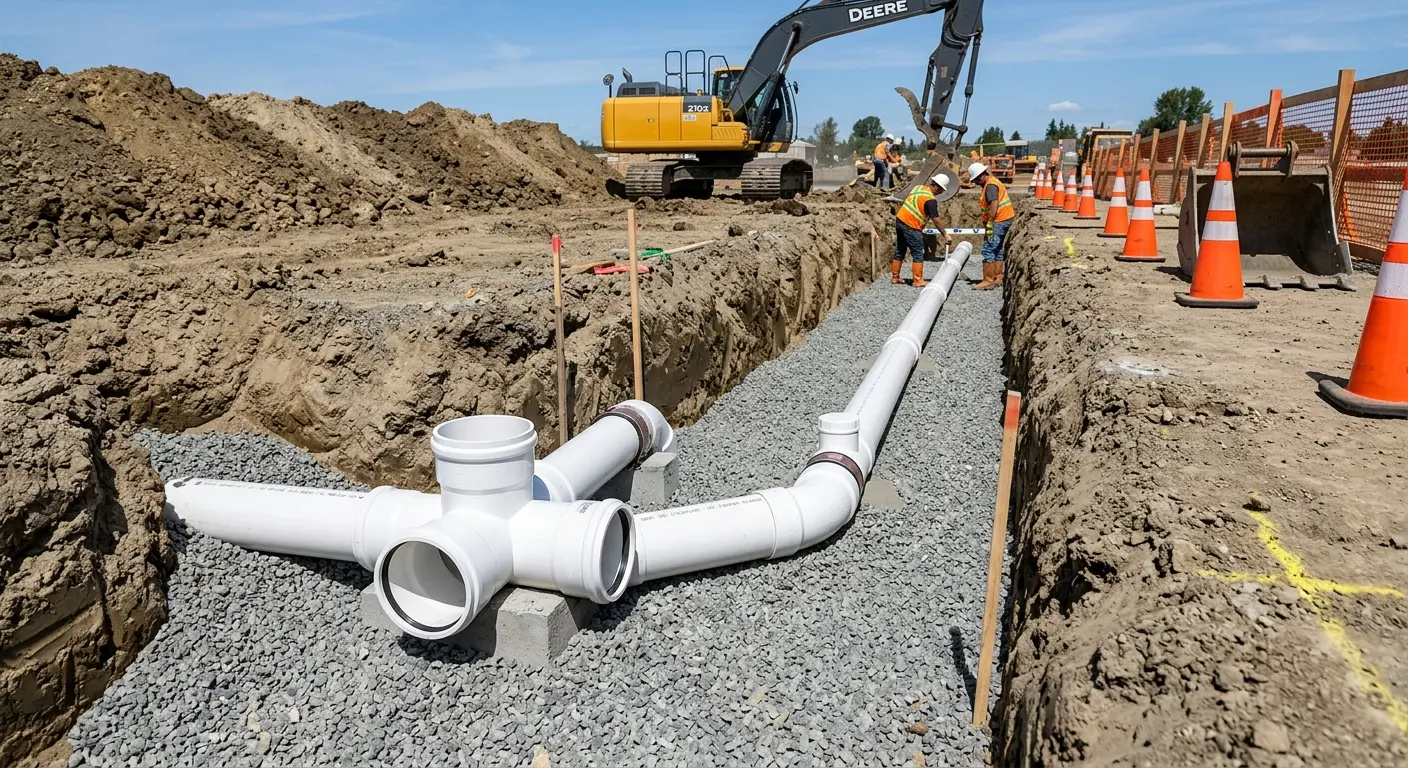 New PVC sewer pipe installation in open trench for Commercial Drain Cleaning in Cheyenne