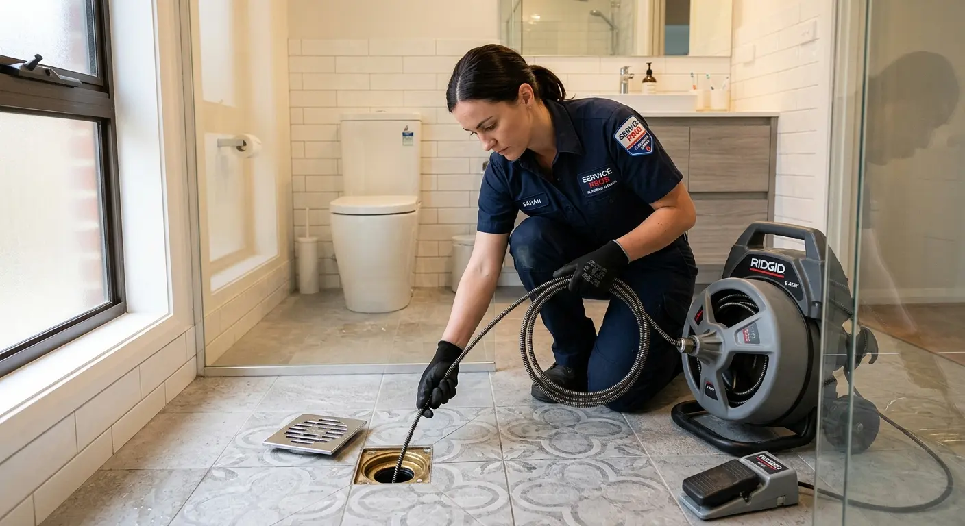 Technician clearing a bathroom floor drain for Clogged Drain Repair in Cheyenne